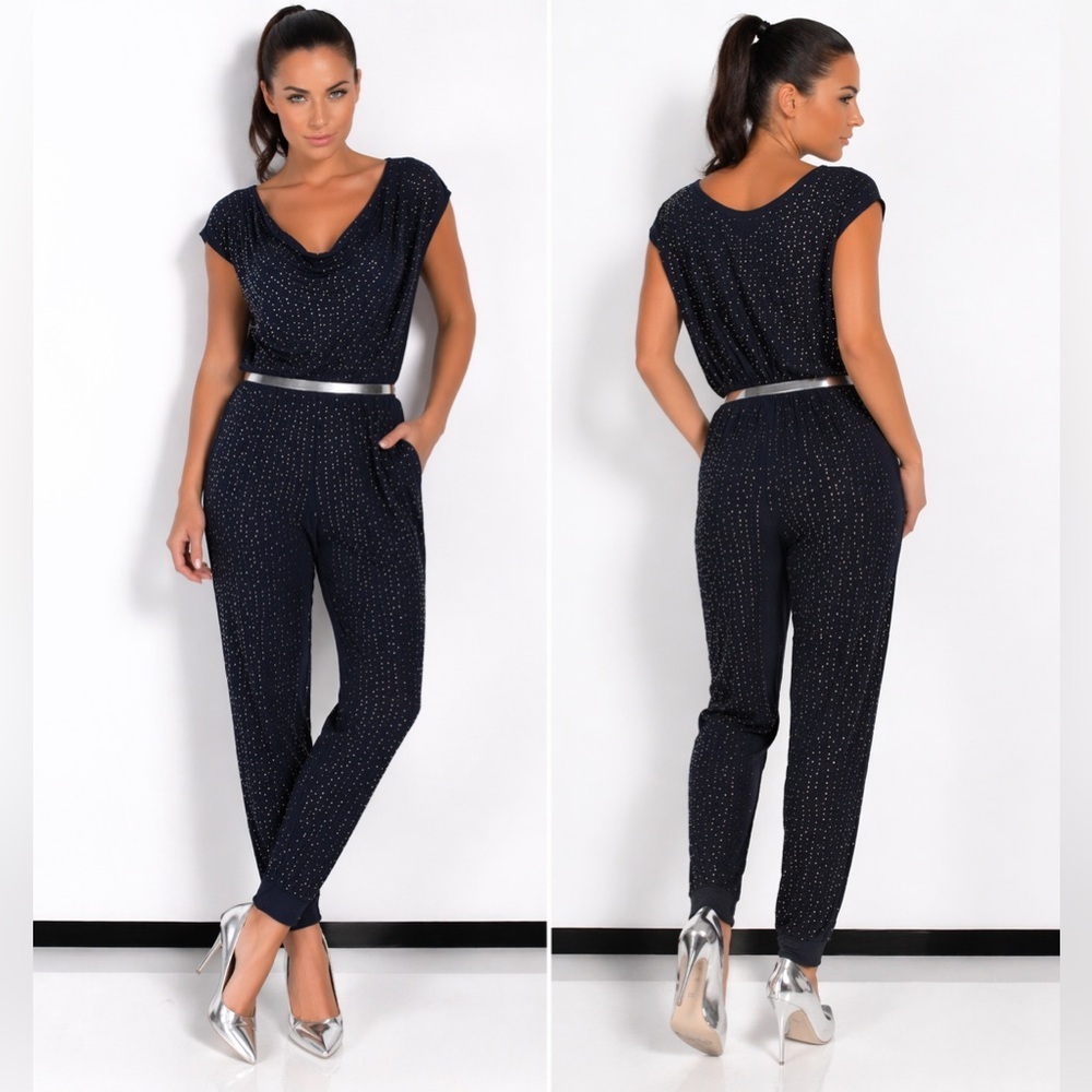 Grayse Jumpsuit Diamond Pave Cowl Neck Navy Stud Large CottageCore Y2K Glam - Picture 15 of 15
